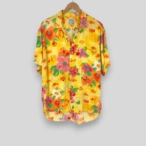 Vintage Jams World Yellow Floral Tropical Fish Hawaiian Print Shirt Size L